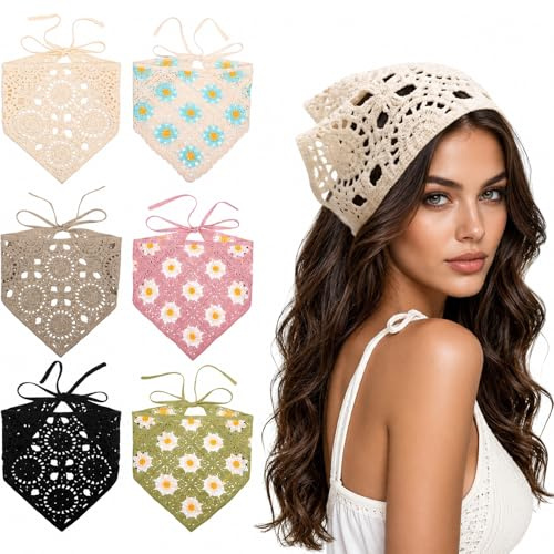 FrostyFlair Foulard triangulaire, foulard & couvre-chef pour femme, lot de 6 bandanas au crochet et en maille, bandeau vintage à nouer avec motif fleurs et marguerites
