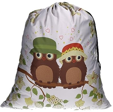 trendfinding Großer Wäschesack 15kg Fassungsvermögen, 60x70 cm aus 12OZ Baumwolle - Grau mit Küken-Zweierlei auf dem Ast, Transferdruck und beidseitiger Zuziehkordel