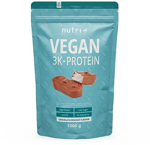 Nutri + Proteinpulver Vegan Schoko Kokos 1 kg - 3k Eiweißshake - Veganes Eiweißpulver - Schokolade Kokosnuss Protein Chocolate Coconut 1000 g Pulver