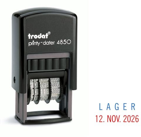 Trodat Printy Dater 4850 Datumstempel mit 2farbigem Kissen blau/rot + Wunschtext, Stempeltext:L A G E R