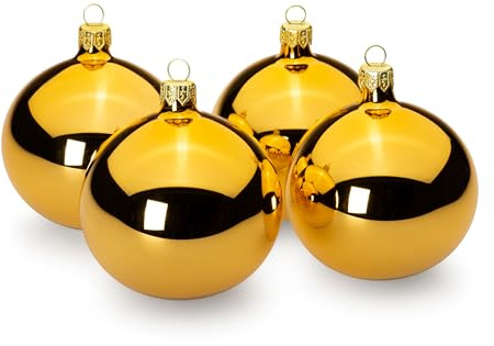 SIKORA Essentials Klassische Christbaumkugeln aus Glas - Hochglanz - 6 Farben 3 Größen Premium Qualität, Farbe/Modell:Gold Hochglanz 4er Set, Höhe in cm:8 cm