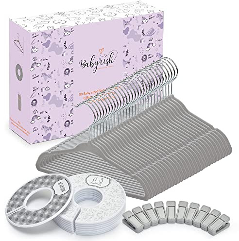 Babyrish - Appendiabiti in velluto per bambini, con 10 clip e 8 divisori (confezione da 30), ultra sottili da 27,9 cm, feltro antiscivolo, salvaspazio per la cameretta dei bambini e l'armadio, grigio
