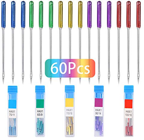 Gukasxi 60 Stücke Nähmaschine Nadel Set, Universal Regulär Maschine Nadel Verschiedene Größen HAX1 65/9, 75/11, 90/14, 100/16, 110/18, Universal Nähmaschine Nadeln Set für Haushalt Nähen