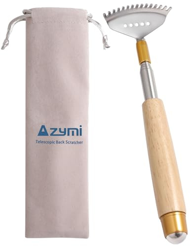 Azymi Rückenkratzer Ausziehbar mit Massageroller-Hochwertige Teleskopstange Edelstahl mit Holzgriff bis 61CM, zum Kratzen am Kopf, Rücken und Ganzkörper