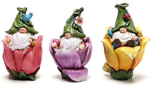 Hodao Resin Gnome Figurines, 3-Piece Flower Pot Indoor Home Decorations, Cute Ornaments for Bedroom & Living Room, Ideal Gift for Garden Lovers (Assorted Colors)