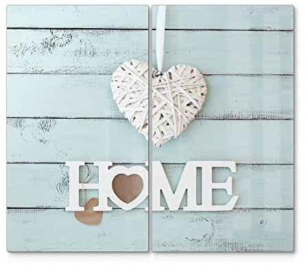 DEQORI Herdabdeckplatten Glas | 2er Set 60x52 cm | Motiv Holzschrift HOME | Ceranfeld Abdeckplatten in Küche | Herd-Abdeckungen universal | Glasplatten & Schneidebretter für Kochplatte