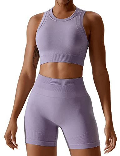 Odizli Gym Set Damen Zweiteiler Ärmellos Sport BH Crop Tops + High Waist Leggings/Shorts Workout Yoga Fitness Outfit