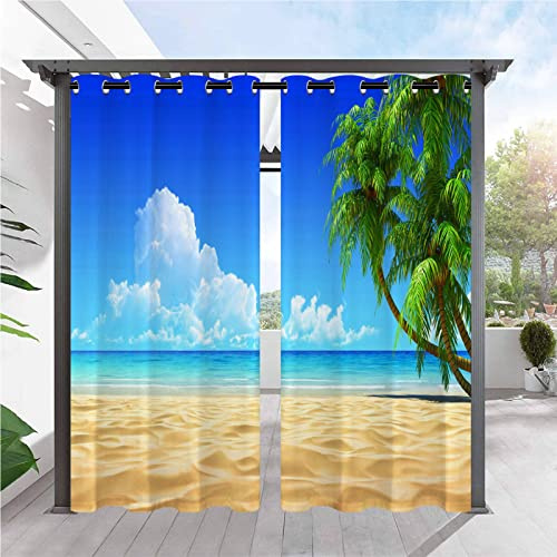 ANHOPE Rideaux D'extérieur Imperméable Rideaux Extérieur avec Oeillet Rideau Imprime Tropical Océan Plage Palmier Arbre Rideau pour Jardin Pergola Terrasse Balcon 92L X 214H cm (2 Panneaux)