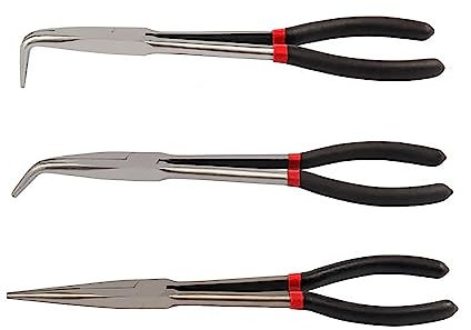 3-teiliges Zangen-Set mit langer Reichweite, Karbonstahl, lange Nadel/45 ° 90 ° gebogene Spitzzange für Schmuckherstellung und Autoreparatur, 27,9 cm