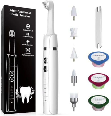 Tooth Polisher,Teeth Polishing Kit for Daily Cleaning,Polishing Then Whitening of Tooth (Professional Toothpaste Include),USB Rechargeable Dental Polisher with LED Light,6 Heads,5 Speed Modes