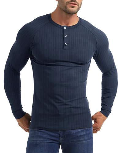Yewloch Uomo Manica Lunga Henley Maglietta Scollo,Cotone Uomo Manica Lunga/Corte Shirt,T Shirt Casuale con Collo Serafino,vestibilità Slim Blu L