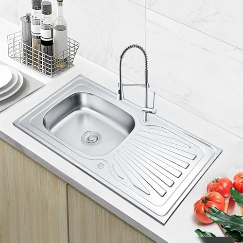 RUMO 9050 Stainless Steel Kitchen Sink 1.0 One Single Large Deep Bowl Reversible Sinks with Drainer 900 x 500mm Inset Life Time Warranty Includes Wastes & Plumbing Kit