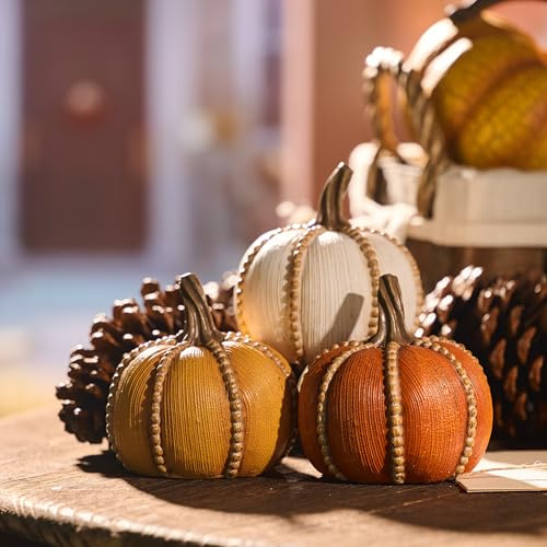 Valery Madelyn Kürbisse Herbstdekorationen für Zuhause, Set mit 3 Harz-Kürbis-Dekor, Indoor-Ernte-Kürbis-Figuren für Tisch, Tisch, Herbst, Erntedankfest, Halloween-Dekorationen, 8,9 cm