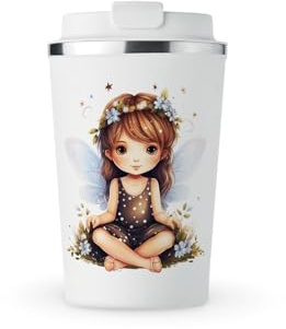 MAXIKIWI - Thermobecher, doppelwandig, auslaufsicher, Edelstahl, Reisebecher für Kaffee oder Tee, mit Deckel, hält Getränke warm und kalt - Aquarell mit süßer Fee - 350 ml