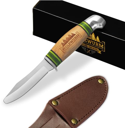 HOLZWURM Kinder-Schnitzmesser in Leder-Tasche, ideales Taschenmesser und Outdoormesser für Kinder zum Schnitzen (hell)