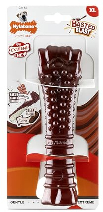 Nylabone, Basted Blast, Extremt stark tuggeffekt, Hundleksak av slitstark nylon, Benform, Slitstarkt tuggben, Smak: bacon och biff, Extra stor, För hundar över 23 kg
