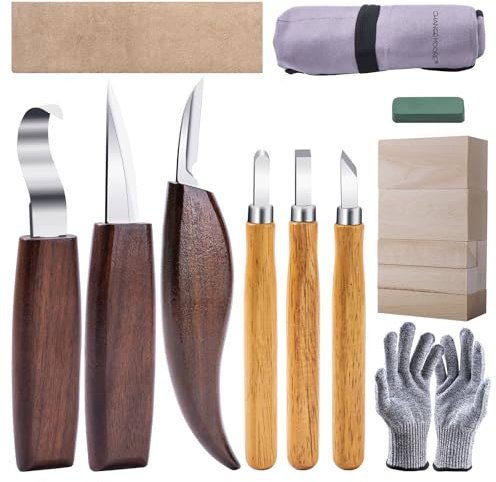 CHANGEMOORE Schnitzwerkzeug Holzschnitzwerkzeuge Set - 18 teilig inkl. Schnitzmesser, Schnittfeste Handschuhe und Geschnitzte Holzblöcke,Segeltuchtaschen & Anspitzer, Anwendbar für Kinder/Anfänger