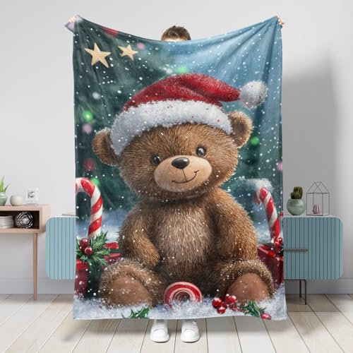 Manta de oso de Navidad, manta de forro polar de oso de peluche marrón, manta de felpa suave y acogedora para sofá, viajes, invierno, todas las estaciones, 60 x 80 pulgadas