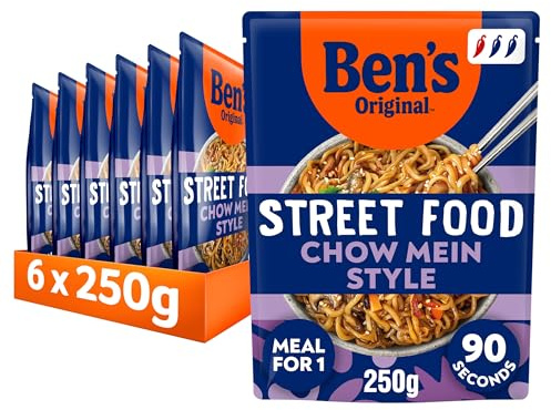 Ben's Original Street Food Chow Mein Style Noodles, 6 x 250g, Multipack | Quick and easy, convenient meal. Microwave noodles, ready in 90 seconds, no artificial colours or flavourings, serves 1