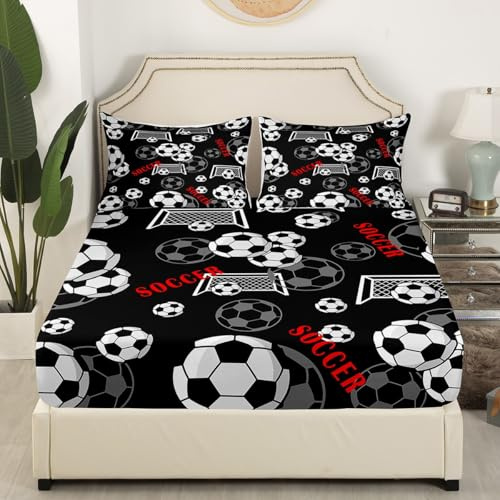 Soccer Bedding Set Twin Size Ball Games Bed Set for Girls Teens Bedroom Decor Kids Sports Soccer Fitted Sheet Soft Microfiber Black White Red Bed Cover(1 Fitted Sheet+1 Pillow Case)