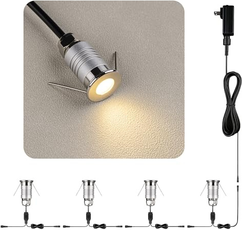 HHTUN 201 Mini Underground Lamp, 1W, DC12V, IP67, Low-Voltage Recessed Type, Stainless Steel 304 Cover, Suitable for Outdoor Grounds, Decks, Squares, Parks, Courtyards (3000K, 4Packs)