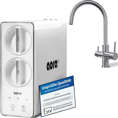 Aora GT600 Sistema de ósmosis inversa + grifo de acero inoxidable de 3 vías SIN perforación – Filtro de agua por ósmosis con filtración de 8 etapas y cambio de filtro en 3 segundos – Sistema de