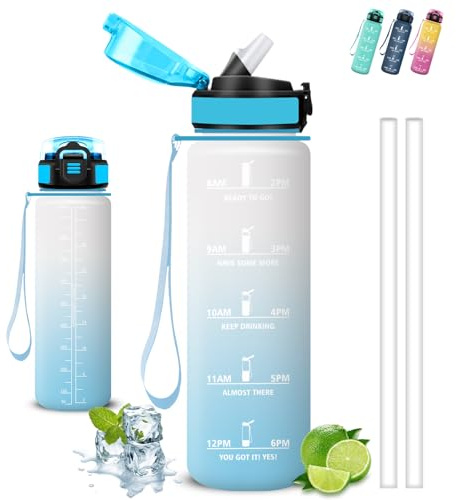 Borraccia 1 litro, Borraccia con Cannuccia, Senza Perdite, Borraccie Motivazionale, Facile da Pulire, Borraccie Trekking, Con Slogan Motivazionale, Water Bottle per Fitness, Escursionismo, Campeggio