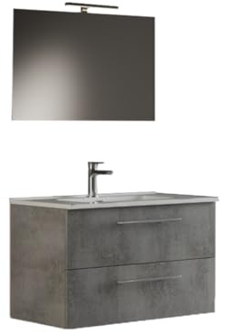 Mama Store IRIS 60 - Mobile Bagno Sospeso IN KIT DA MONTARE 60 CM CEMENTO CHIARO con Lavabo, Specchio e Lampada LED, L.61 X P.47 X H.53 cm