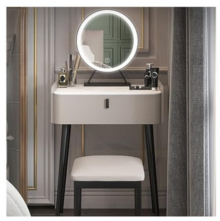 NexaGeniX Tavolo Trucco Scrivania Vanity Grigia con Specchio e Luci, Toeletta con 1 Cassetto Grande, Luminosità Regolabile, Adatta for Camera da Letto Toilette con Specchio(Piccolo)