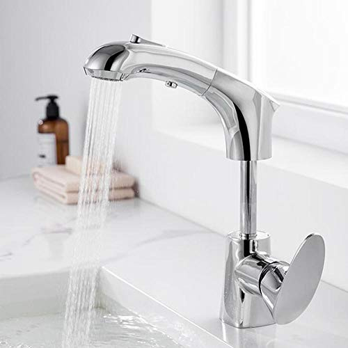 Miscelatore per lavabo con doccetta estraibile, rubinetto per bagno in ottone, regolabile su e giù, 2 funzioni, rubinetto per lavabo caldo e freddo, rotazione di 360 gradi, rubinetto per lavabo da bag