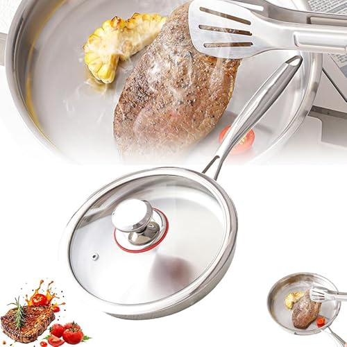 Padella in acciaio inox non rivestita con coperchio da 28 cm, padella in acciaio inox non rivestita, padella a induzione, rivestimento antiaderente, in acciaio inox 316, facile da pulire, durevole
