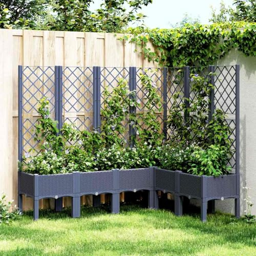 QJBSAVVA Bac à fleurs avec treillis - Bleu gris - 160 x 120 x 142 cm - En polypropylène - Avec treillis - Pour plantes grimpantes - Jardinière surélevée - Durable et élégant - Pour jardin, terrasse et