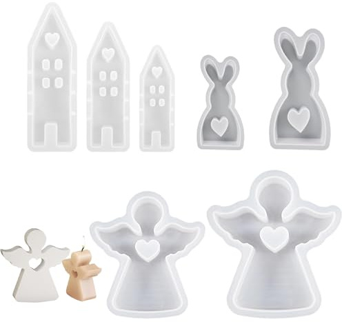 Set di 7 stampi in silicone, adatti per la modellazione di gesso e candele (angelo a forma di cuore, casa, coniglio), stampi in silicone per Natale, stampi in gesso, stampi in silicone fatti a mano