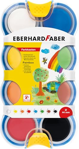 EBERHARD FABER 577009 - Boîte de peinture Mini Kids 8 couleurs, boîte de peinture à l'eau avec blanc opaque et palette de mélange, peintures à l'eau Ø 44 mm pour enfants