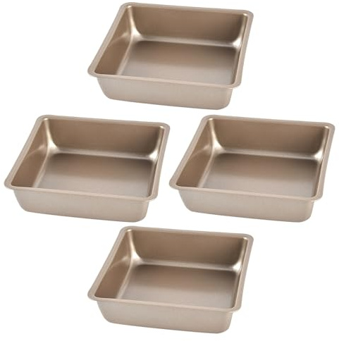 NIYANGLE Lot de 4 Mini Moules Carrés Antiadhésifs 11 CM en Acier au Carbone Doré Moules à Gâteau pour Brownies Desserts Individuels et Bentos Compatibles Four et Friteuse à Air Chaud