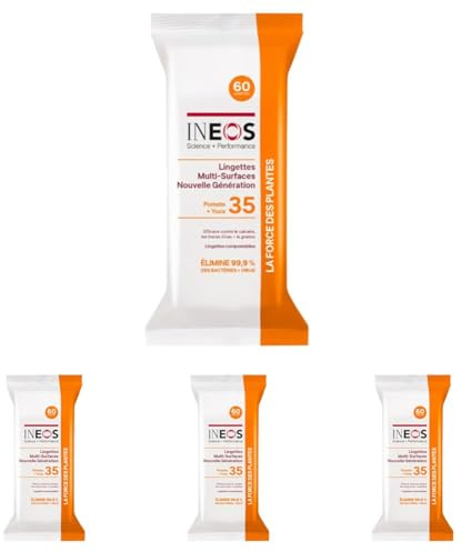INEOS Hygienics Lingettes Multi-Surfaces, Compostables, Efficace Contre La Graisse Et Le Calcaire, Elimine 99.9% Des Virus Et Des Bactéries, Parfum Pomelo et Yuzu x60 (Lot de 4)