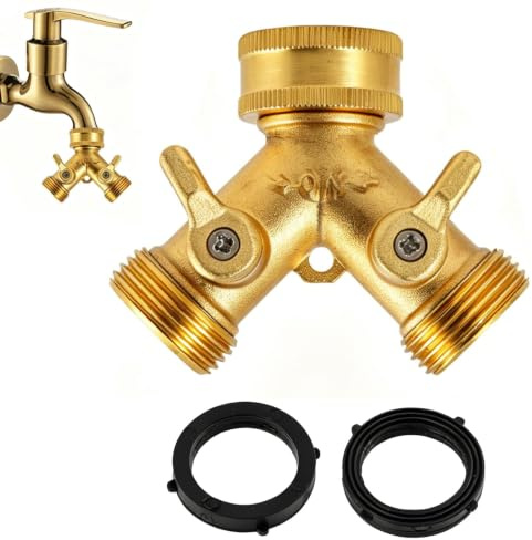 Adaptador para Grifo Doble 2 Vías,Divisor de Manguera Exterior de Latón,Conector de Y con Válvulas Individuales y Regulador de Flujo de Agua,Compatible con Grifos,Para Jardín y Uso Exterior