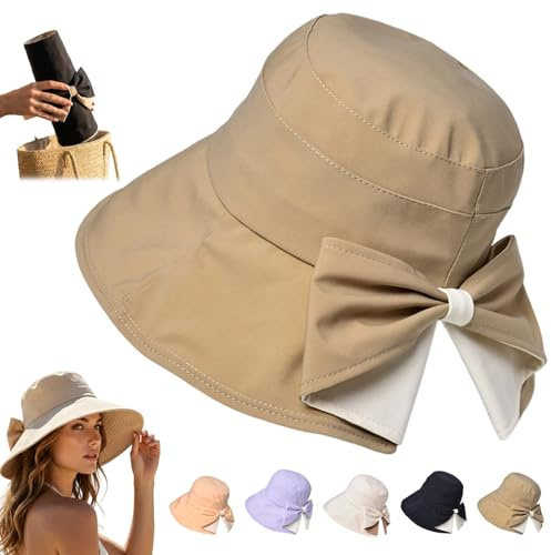 55-60cm Damen-Sonnenhut mit Schleife und Breiter Krempe, 360° uv Schutz, Atmungsaktives Faltbarer Sonnenhut, Sonnenhüte für Damen, Sonnenhuts Damens, Strand Sonnenschutz, für Gartenparty