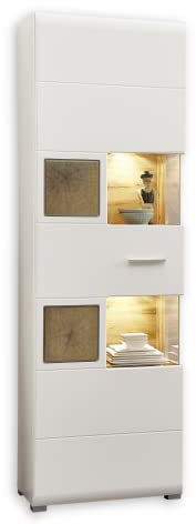 Stella Trading Fun Plus Große Vitrine weiss mit schönen Hirnholz-Applikationen - Moderne Glasvitrine inkl. LED Beleuchtung - 65 x 205 x 37 cm (B/H/T)