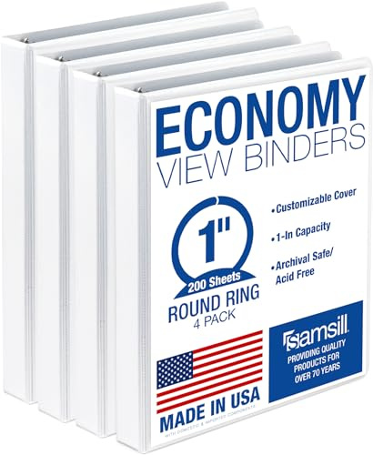 Samsill 1 Inch 3 Ring Binders, Made in USA, Economy Round Ring, Clear View Cover, 200 Sheet Capacity - for School, Home, Office - White, 4 Pack
