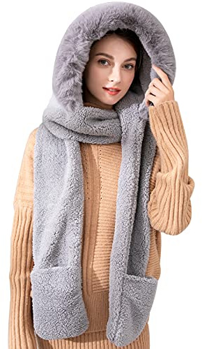 Ensemble Bonnet, Écharpe, Gants Pour Femme - Chaud, Sweat à Capuche, Gants Siamois Avec Poche, Écharpe Longue, Châle, Polaire Corail, Gris, Taille Unique