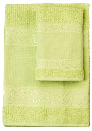 Filet - Set 2 Asciugamani da bagno in spugna con inserto in tela aida da ricamare | 60x105cm e 40x55cm | Viso e Ospite | Spugna di alta qualità | Made in Italy | Verde Sedano