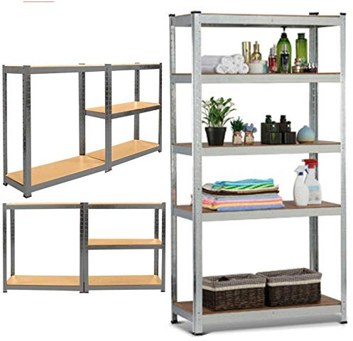 Feidak 5 Tier Boltless Shelving Unit for Garage Home Modern Design Metal Shelf with Solid MDF Wood Boards – Heavy Duty 875kg Total Capacity/175kg Per Shelf Racking (150x70x30cm) - Galvanized