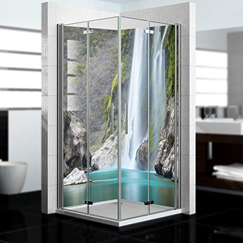 dedeco Eck-Duschrückwand wasserfest mit Wasserfall V12 Motiv UV-Lack matt - 2 x 90x200 cm, als Badrückwand zum Fliesenersatz, Dekorwand, Wandverkleidung und Duschplatte aus Aluminium - Made in Germany