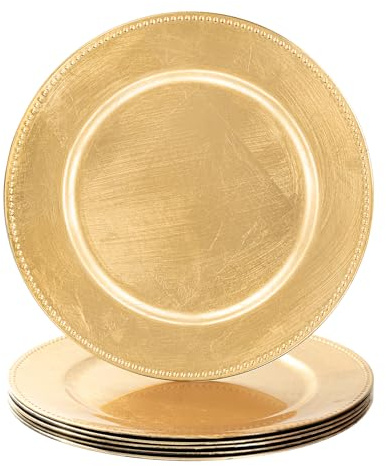 MAONAME Foil Gold Charger Plates with Beaded, 13 Plate Chargers for Dinner Plate, Plastic Round Chargers for Table Setting, Set of 6