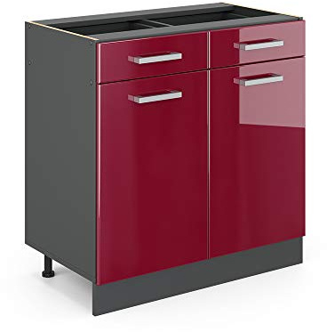 Vicco Küchenunterschrank R-Line, Rot Hochglanz, 80 cm | 2 Schubladen · Ohne Arbeitsplatte · Höhenverstellbare Füße · 2 Türen · ✓ Leichter Zugriff