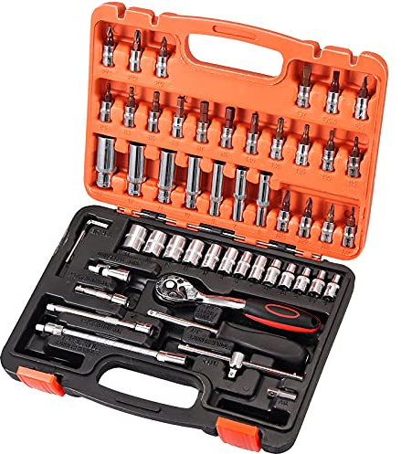 Justech 53PCS 1/4 Socket Wrench Spanner Set Chrome-Vanadium Steel with S2 Bits Set Quick Release Ratchet Wrench Car Repairing Tool Kits for DIY Car Repair Household Maintenance