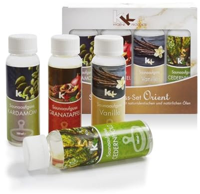 KK Set de infusión para sauna Orient, fabricado en Alemania, 4 aromas diferentes en un juego, cardamomo, granada, vainilla, madera de cedro, botella de 100 ml, disponible en diferentes variantes