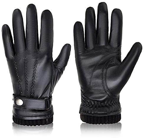BISON DENIM Winter Sheepskin Leather Gloves for Men, Warm Cashmere Lined Touchscreen Texting Gloves for Driving (Black,Large)