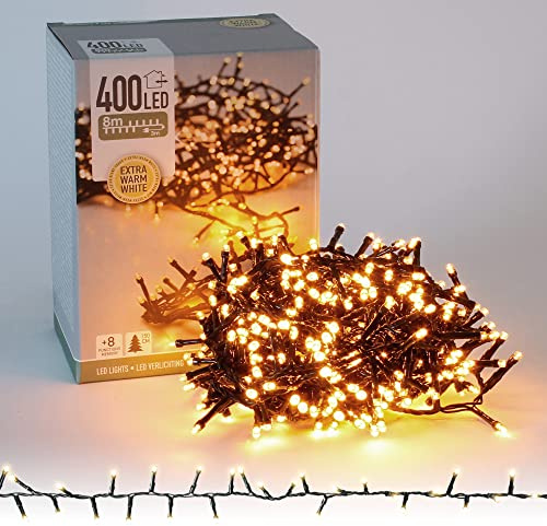 ECD Germany LED Cluster Lichterkette 8m 400 LEDs Extra Warmweiß, 8 Modi, Strombetrieb, IP44 Wasserdicht, Innen- und Außen, Weihnachtsbeleuchtung Weihnachtsbaum Clusterlichterkette Büschellichterkette